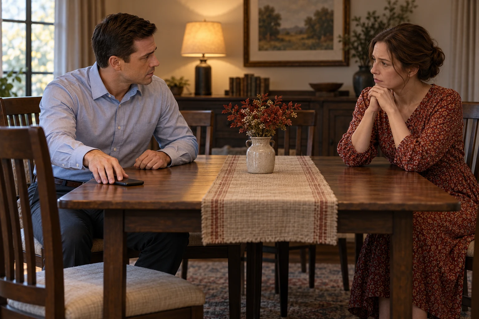 A married couple begins a serious conversation with a phone set aside.