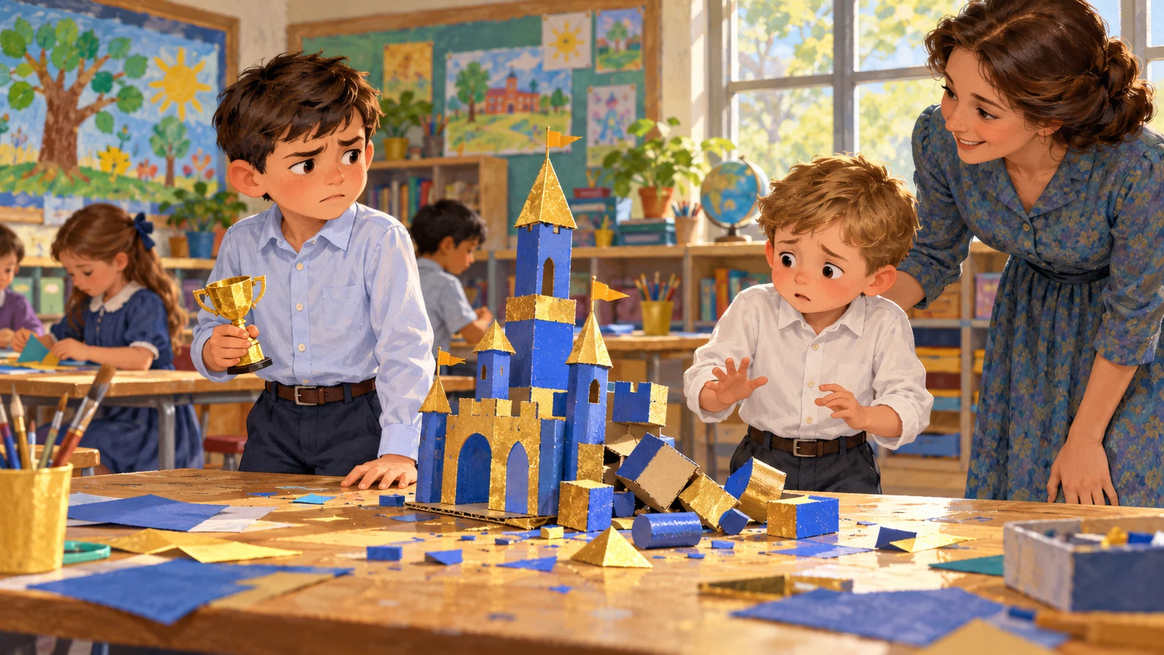 A boy holds a small trophy beside a fallen cardboard tower while a younger pupil and teacher look on.