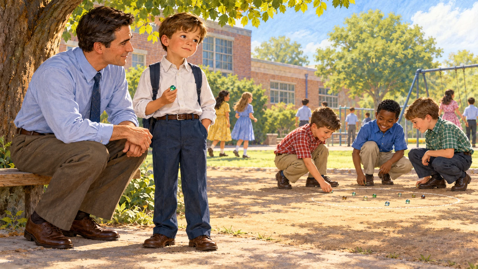 A boy holds a green marble while speaking with a teacher on the playground.