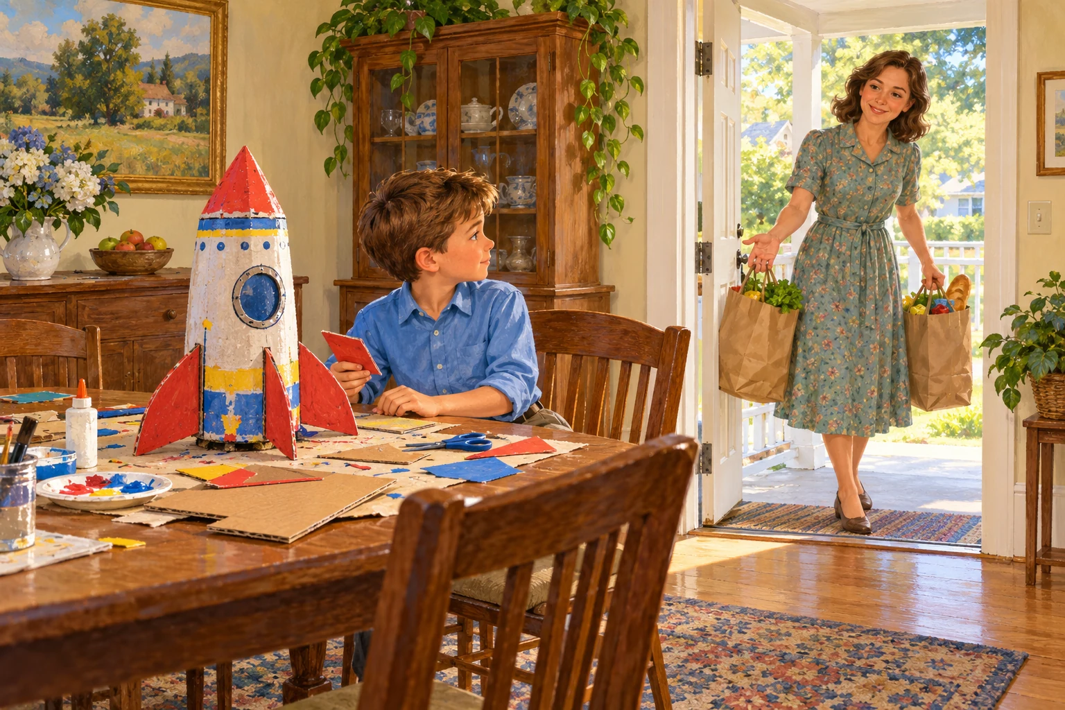 A boy looks up from a cardboard rocket as his mother brings in groceries.