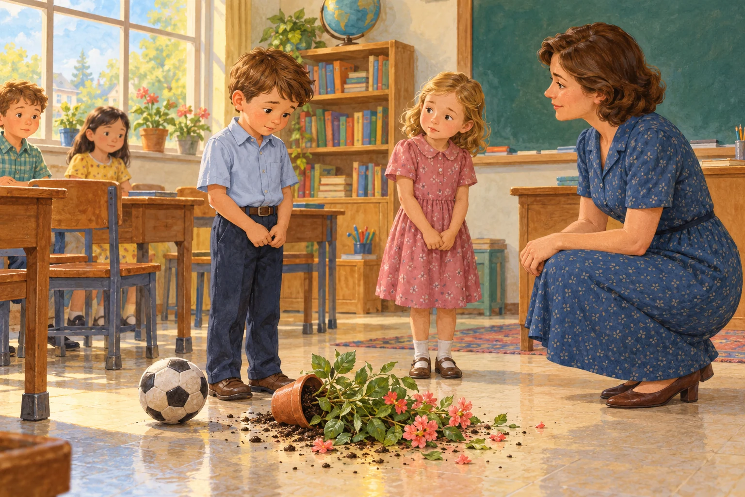 A child stands beside a fallen flowerpot while a teacher listens.