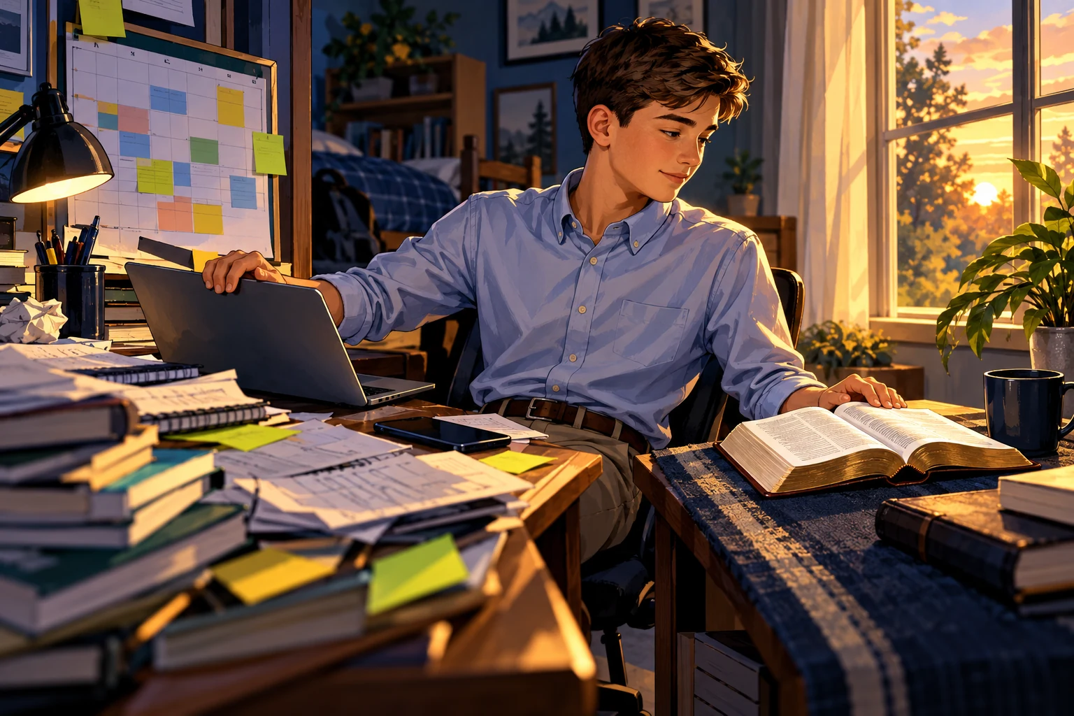 A student sets aside a crowded schedule for a quiet moment.